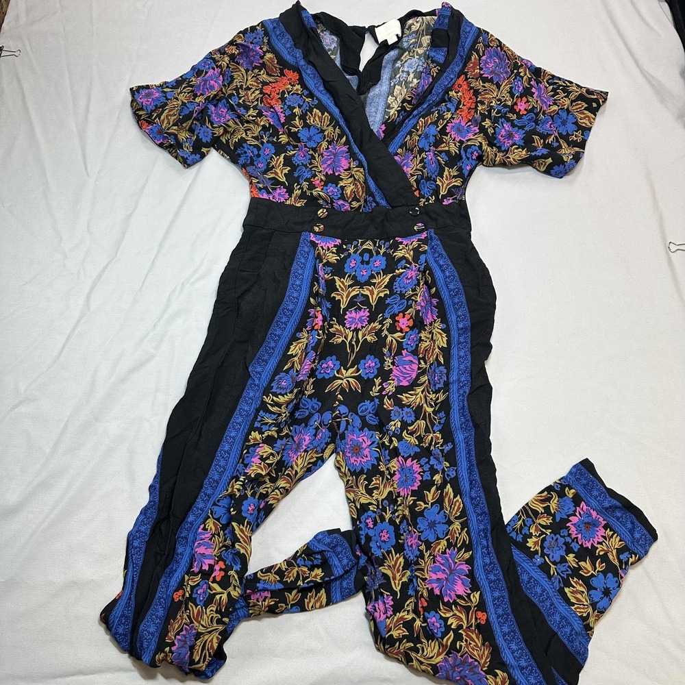 Anthropologie Jumpsuit Womens 2 Black Floral V-Neck Indie Relaxed